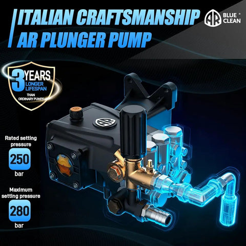 AR Plunger Pump with Italian craftsmanship, rated pressure 250 bar, max 280 bar, 3 years lifespan, blue and black design.