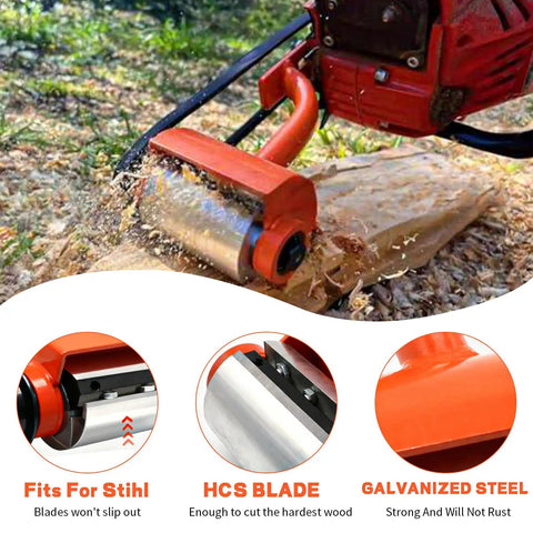 Log Peeler Debarker Attachment For Chainsaws Easy Firewood Prep Tool shown attached to chainsaw in use