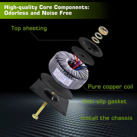 Exploded view of Heavy Duty 1500W Voltage Converter Transformer components, featuring copper coil and dual circuit breaker protection.