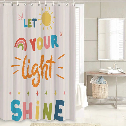Colorful Quotes Kids Shower Curtain Set With Non Slip Rug, Waterproof 72x72 Inches, Cartoon Inspiring Letters in bright bathroom