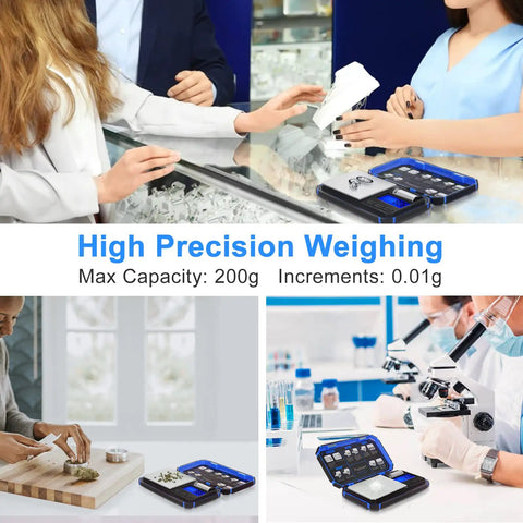 Pocket Size Digital Scale With 0.01g Precision, 200g Capacity, Six Units used for weighing jewelry and herbs in various settings.