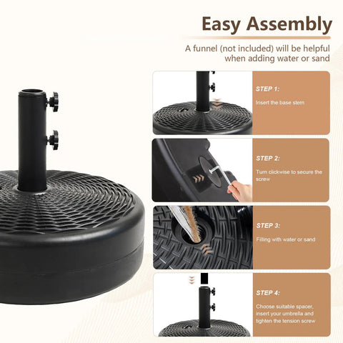 Beefy 70 Lb Weight Heavy Duty Water Fillable Umbrella Base Stand assembly instructions with close-up on filling process