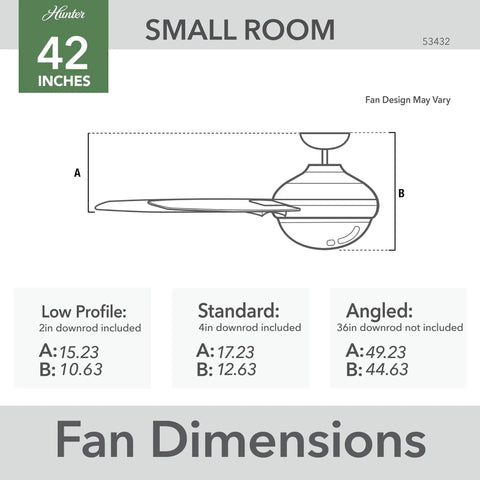 Diagram showing dimensions of 42 Inch Indoor Ceiling Fan With Dope Led Light And Pull Chain, Ideal For Bedroom Living Room Or Kitchen, Brushed Nickel Finish, 4 Blades, Standard Mount, No Remote