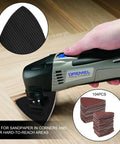Beefy Heavy Duty Oscillating Tool Sanding Pads Kit With Carbon Steel Backing used on wood surface, showing pad detail and sandpapers