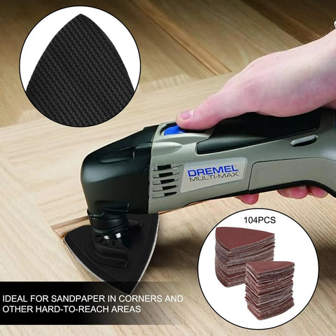 Beefy Heavy Duty Oscillating Tool Sanding Pads Kit With Carbon Steel Backing used on wood surface, showing pad detail and sandpapers