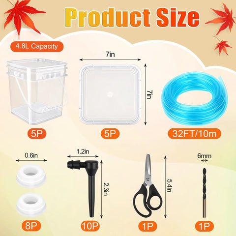Ultimate Maple Syrup Tapping Kit includes 4.8L collection bucket, 32FT tubing, spigot, scissors, and drill bit for sap harvesting.