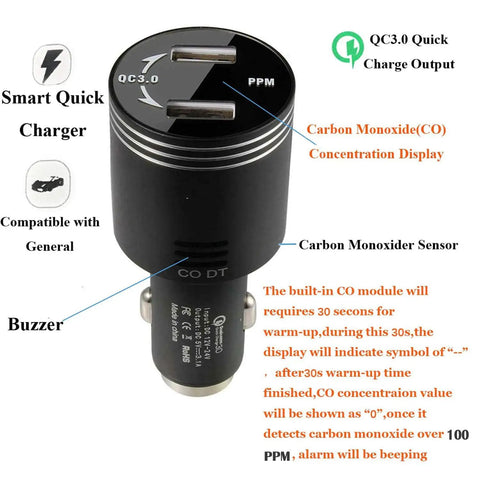 Dual USB Car Charger With Quick Charge 3.0, 2 USB Ports, In Car Carbon Monoxide Alarm With LCD Display, High Sensitivity CO Detector, Black