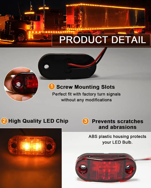 12 Pack 2.5 Inch LED Trailer Lights Kit Front Rear Side Marker Clearance Lit Indicator Lamps Amber And Red DC12 24V Waterproof Universal For RV Camper Truck Van Caravan Boat in use as truck side marker lights glowing amber.