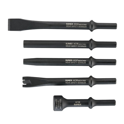 Air Hammer Chisel Set In Portable Tool Roll, 5-Piece With Beefy Bits And.401 Shank, Heavy-Duty Demolition Kit, five chisel bits visible