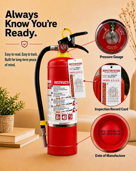 Totally Bulletproof 5 Lb Abc Dry Chemical Fire Extinguisher 2 Pack With Dead Simple Quick Release Handle And Instant Pull Pin Activation For Home Office Car Or Kitchen Electrical And Grease Fire Safety That Actually Works When It Counts, showing pressure gauge and inspection record.