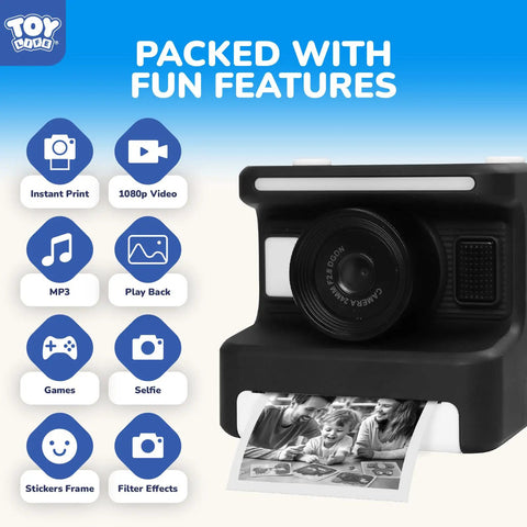Kids Instant Print Camera For Ages 3 To 12 With 1080P Video Two Point Four Inch Screen Black And White Thermal Printing No Ink Fun Filters Flash Time Lapse Continuous Shoot Sixteen Times Digital Zoom Easy Share And Decorate, black front view