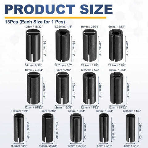 13 Piece Router Collet Adapter Set Carbon Steel Conversion Sleeve for Woodworking and CNC Engraving with size details