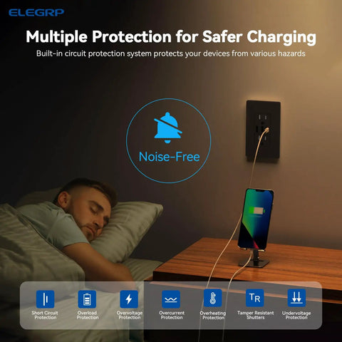 Sleeping man with phone charging on nightstand via 3 USB Ports Wall Outlet With USB C And USB A, 30W Total Output, Matte Black.