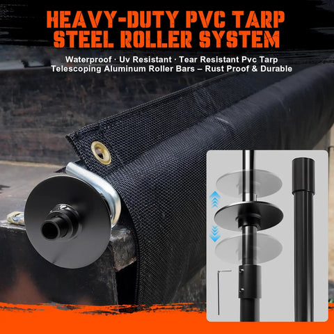Dump Truck And Trailer Tarp Kit With Rear Anti-Sail Bow, Aluminum Roller, 5ft By 14ft PVC Mesh, Easy Install Tarp System For Dump Trailers, Heavy Duty Weatherproof Covering That Keeps Loads Secure. PVC mesh tarp rolled on aluminum roller