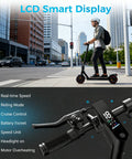 Man riding Powerful Electric Scooter For Adults With 500W Peak Motor, 18 MPH Top Speed, dual brakes, city background