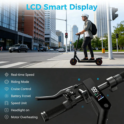 Man riding Powerful Electric Scooter For Adults With 500W Peak Motor, 18 MPH Top Speed, dual brakes, city background