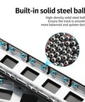 Close-up of concealed sliding track with solid steel balls for cabinet doors, 30cm length heavy duty steel hinge system.