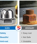 Hella Tough 107 Pieces 304 Stainless Steel Acorn Cap Nut Assortment Pack Pro Imperial And Metric Sizes comparison of shiny new nut and rusty old nut.