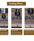 Five Piece CNC Router Bit Set For Serious Woodworking Enthusiasts With One Quarter Inch Shank And One Quarter Inch Cutting Diameter, showing cutting effect of downcut, upcut, and compression bits.