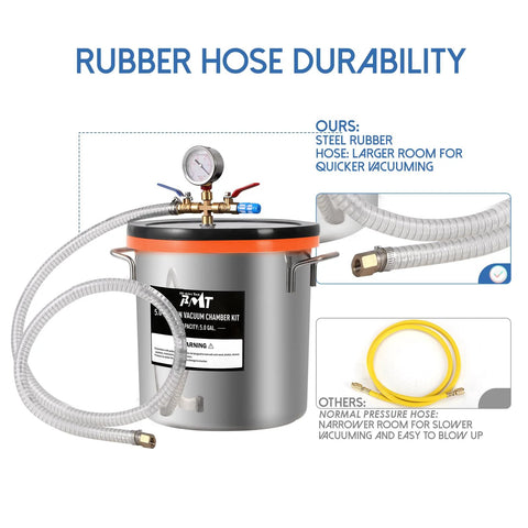 PB Motor Tech 9-gallon stainless steel vacuum chamber with tempered glass lid, gauge, and flexible hoses