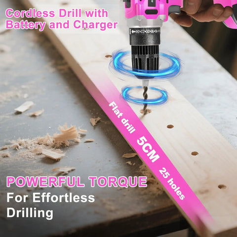 20V Cordless Drill Kit With 2 Batteries, Charger, 3/8 Inch Keyless Chuck in use drilling wood with powerful torque