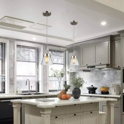 Modern kitchen with Dope Handblown Seeded Glass Pendant Light With Brushed Nickel Finish One Light Industrial Mini Pendant over island