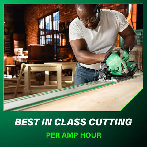 Man using Powerhouse 36V Cordless Track Saw Kit With 6-1/2 Inch Blade for precise cuts on wood in workshop