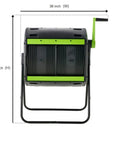 48 Gallon Geared Two Compartment Compost Tumbler with green handles, black poly construction, front view, 36x42 inches size