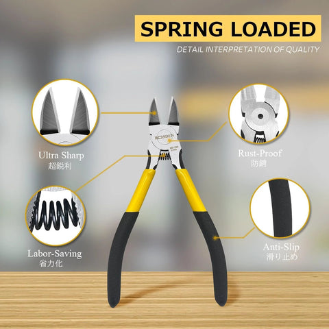 Front view of BOOSDEN 6.5-inch spring-loaded wire cutter with yellow and black grips