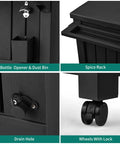 Close-up details of the 85 Quart Wheel Cart Cooler For Patio And Pool Deck Party Outdoor Beverage Station With Bottle Opener Trash Can Spice Rack And Extra Storage Rolling Ice Chest.