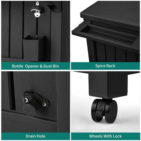 Close-up details of the 85 Quart Wheel Cart Cooler For Patio And Pool Deck Party Outdoor Beverage Station With Bottle Opener Trash Can Spice Rack And Extra Storage Rolling Ice Chest.