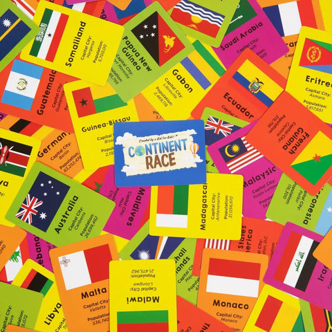 Continent Race Geography Board Game For Kid Friendly Families And Friends Learn Flags And Countries From Around The World With Fun Brain Boosts Game Night Ready For Classrooms And Home cards showcasing various flags and country details.