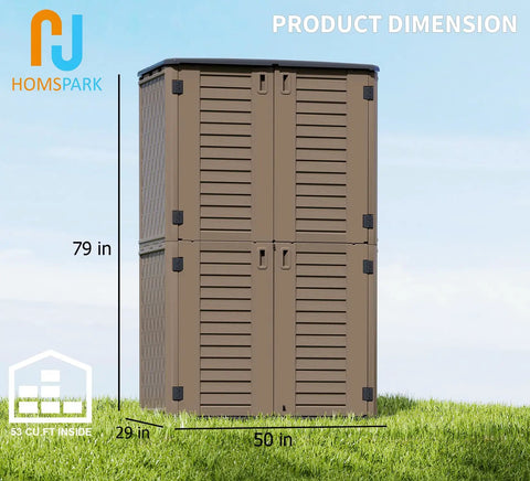 All Weather Outdoor Storage Cabinet For Backyards And Patios, Multi Purpose Horizontal Shed, 79 in tall, resin, brown