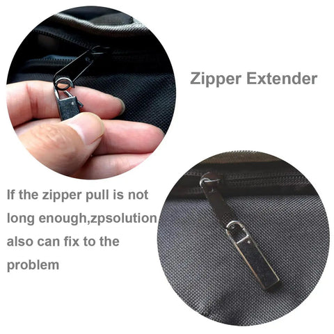 Zipper Pull Replacement Metal Handle Kit for Luggage and Bags 4 Pack Zinc Alloy With Steel Spring Vintage Black Gloss Finish shown installed