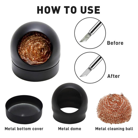 Components of All In One Solder Kit With Tip Cleaner And Holder, showing metal dome and cleaning ball.