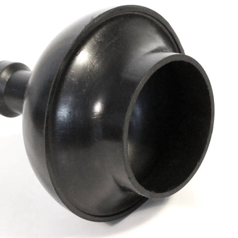Heavy Duty Freestanding Toilet Brush And Plunger Combo, Matte Stainless Steel Floor Stand, black rubber plunger cup close-up.