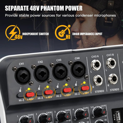 Close-up of 6 Channel USB Audio Interface DJ Mixer with Bluetooth MP3 Playback and 48V Phantom Power inputs and controls.