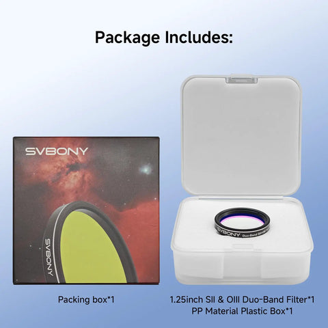 SV220 7nm Dual Narrowband Nebula Filter in plastic box with packaging for 1.25-inch telescopes