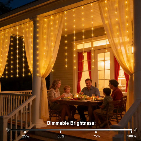 Outdoor Solar Curtain Lights 200 LED Warm White, 13ft By 3.9ft Waterproof String Lights illuminating porch at night