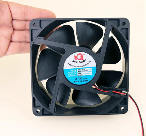 Beefed Up Evaporator Fan Motor 24V DC Brushless Replacement For Atosa Refrigeration Units MGF8401GR shown in hand