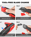 Heavy Duty Self Retracting Utility Knife With 4 SK2H Blades, Safety Box Cutter, Rugged Aluminum Alloy Body, Non Slip TPR Grip, Unique Blade Compartment, HT0414 Model For Pros On The Job Pro Grade showing tool-free blade change steps
