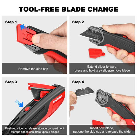 Heavy Duty Self Retracting Utility Knife With 4 SK2H Blades, Safety Box Cutter, Rugged Aluminum Alloy Body, Non Slip TPR Grip, Unique Blade Compartment, HT0414 Model For Pros On The Job Pro Grade showing tool-free blade change steps