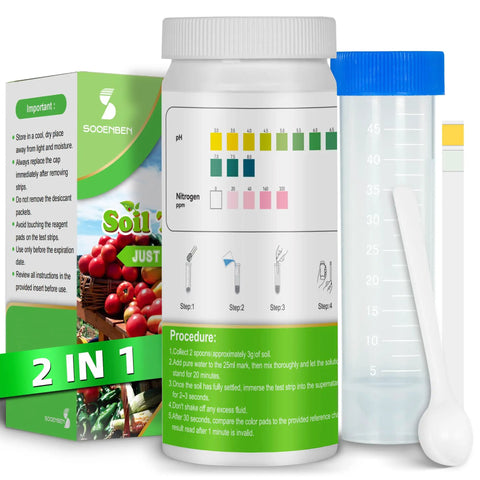 Two In One PH And Nitrogen Soil Test Kit For Home Gardens And Lawns showing strips, test tube, and manual with procedure steps