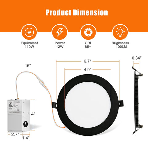 Product dimension of Lit Six Inch Canless Recessed Lighting Kit with 5CCT Adjustable 2700K-5000K, includes junction box and dimensions.