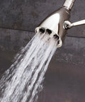 S-2252-PN-E2 Signature Brass Icon Anystream Adjustable Shower Head in action, polished nickel finish, water in 360° spray mode