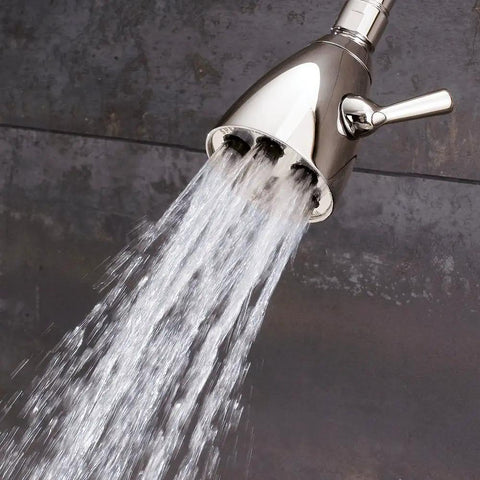 S-2252-PN-E2 Signature Brass Icon Anystream Adjustable Shower Head in action, polished nickel finish, water in 360° spray mode
