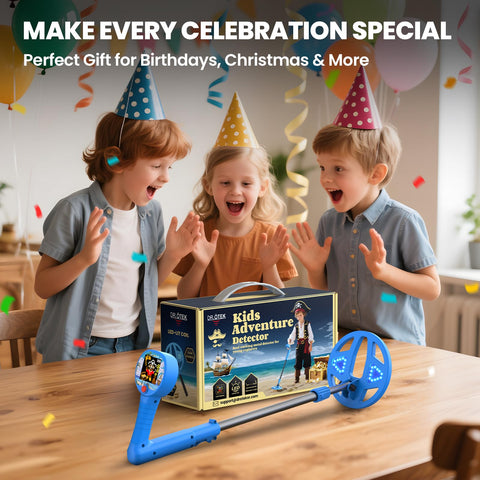 DR.ÖTEK Kids Adventure Detector metal detector in blue with 2.4-inch color LCD display and LED-lit coil