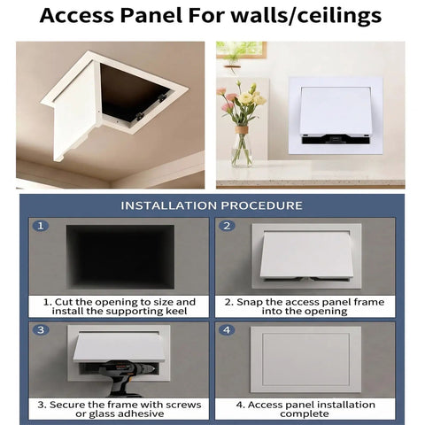 Installation steps and views of Heavy Duty 14 X 24 Inch Drywall Access Panel Magnetic Push To Open White Seamless Flush Door.