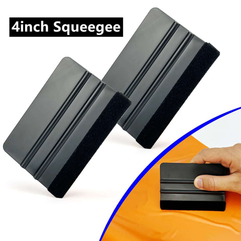 Front view of two black 4-inch vinyl wrap squeegees with felt edge for tint film installation