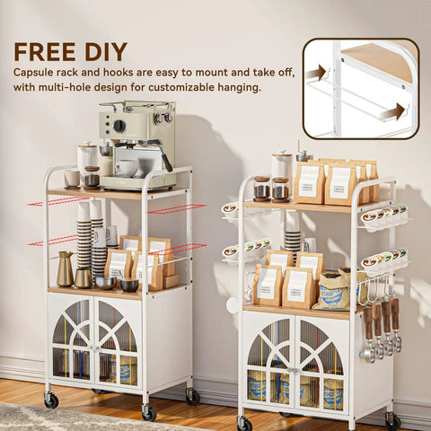 Slick 3 Tier Rolling Coffee Bar Cart For Compact Kitchens Featuring Space Savvy Corner Layout Easy Glide Casters And Nifty K Cup Pod Rack Plus Storage Hooks with customizable shelves.